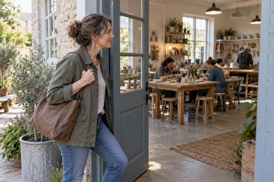 A woman looks thoughtfully into an unfamiliar space.