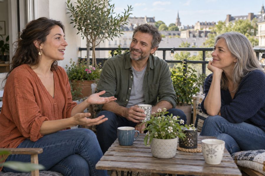 Three friends having an informal conversation on a balcony.