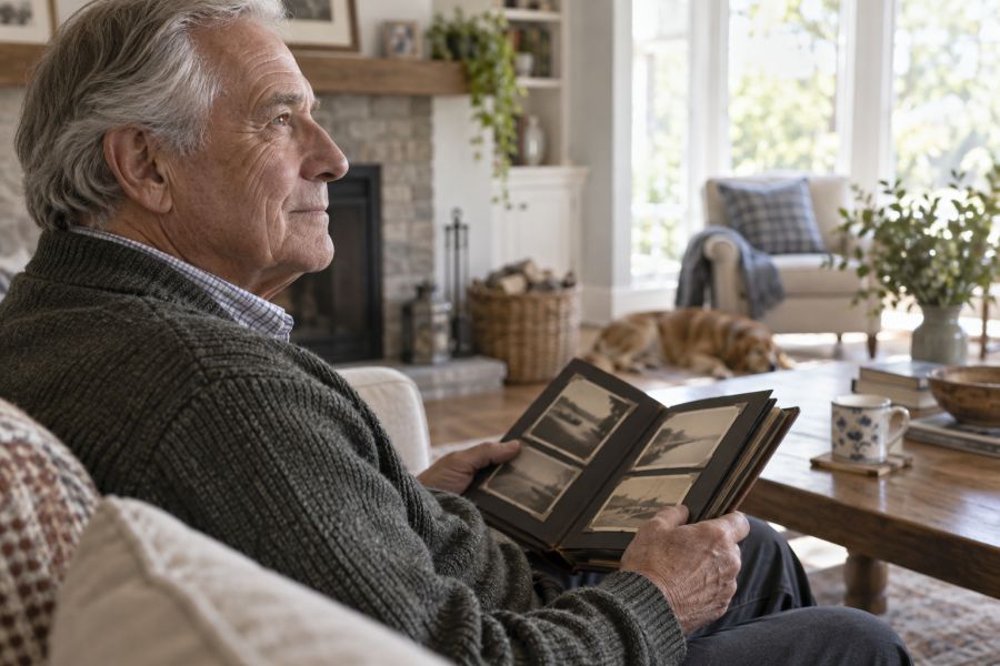 A man holds an old album and looks thoughtfully ahead.