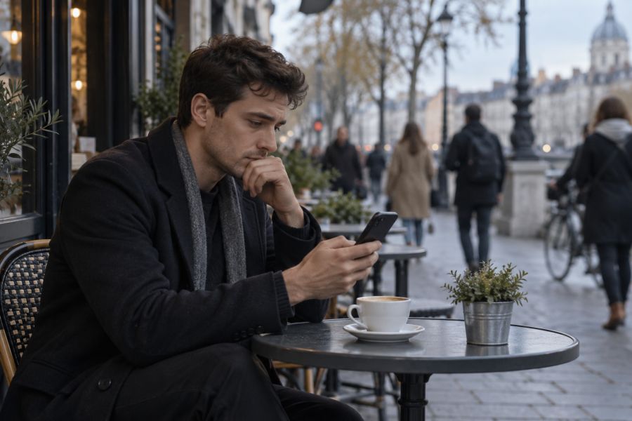 Muž v kavárně čeká na odpověď na telefonu.