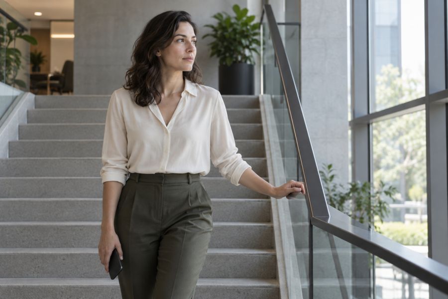 Žena se na schodišti zastaví s telefonem v ruce.